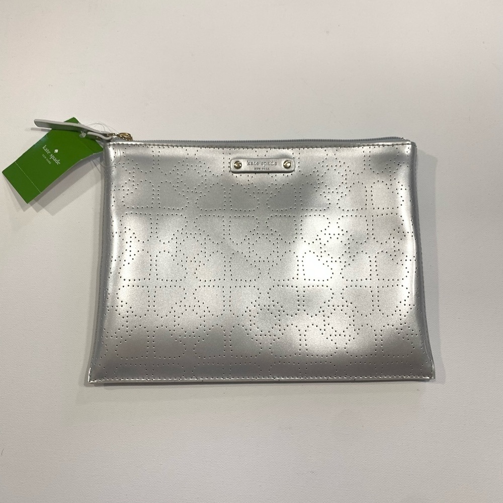 Kate Spade Little Shiloh Metro Silver Perforated Cosmetic Makeup Pouch Clutch - Picture 6 of 13